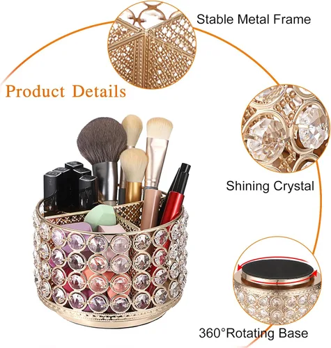 Miniatura 3 de Hipiwe Organizador de tocador de cristal, soporte giratorio de 360° para brochas de maquillaje, soporte de exhibición de brochas cosméticas Dorado