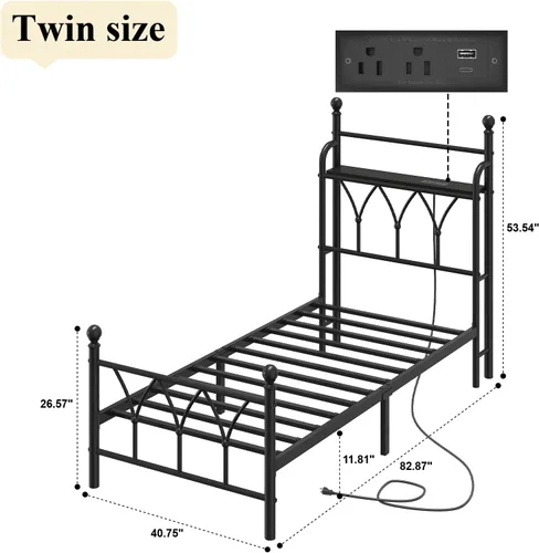 Miniatura 2 de E-Ser Marco de cama de plataforma de metal tamaño twin con cabecera de almacenamiento, marco de cama con luz LED, estación de carga integrada