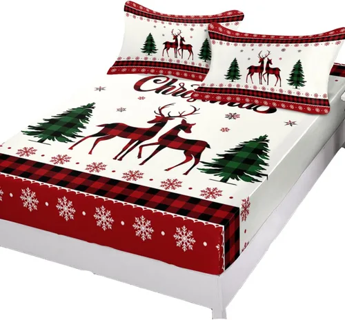 Miniatura 3 de Sábanas bajeras de tamaño individual con diseño de reno de Navidad, con bolsillo profundo de hasta 16 pulgadas, diseño de copo de nieve blanco