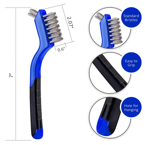 Miniatura 2 de Lavaxon Juego de 3 cepillos de alambre, cerdas de nailon/latón/acero inoxidable con mango curvado para óxido, suciedad y limpieza profunda, 7 Azul