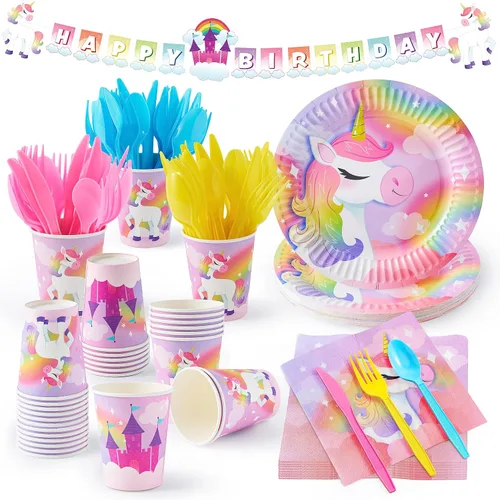 Miniatura 9 de JOYIN 145 piezas de suministros para fiesta de cumpleaños de unicornio con pancarta de unicornio para niñas, juego de vajilla desechable