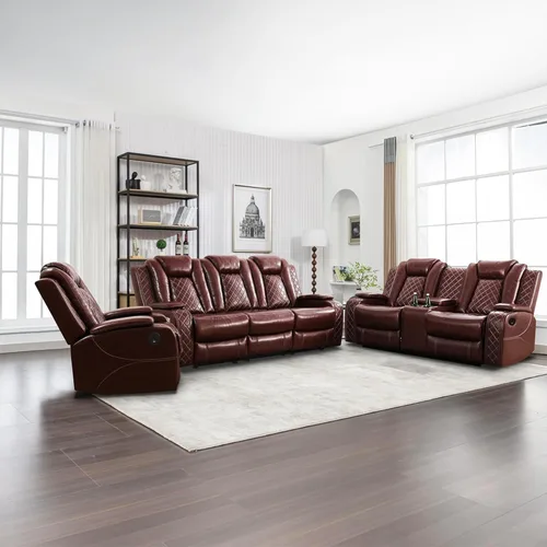 Juego de sillón reclinable eléctrico con luces LED, juego reclinable de cuero sintético con puerto USB/cargador inalámbrico/consola de Borgoña