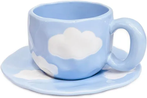 Taza de cerámica Noviko Cloud con platillo, taza de té en forma de nube para niñas y mamá, 11 oz Cielo azul y nubes blancas