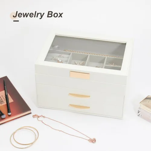 Miniatura 6 de V-LAFUY Joyero con tapa de vidrio, caja organizadora de joyas de 3 capas y 2 cajones, vitrina de joyería, organizador de joyas, cajas de joyería