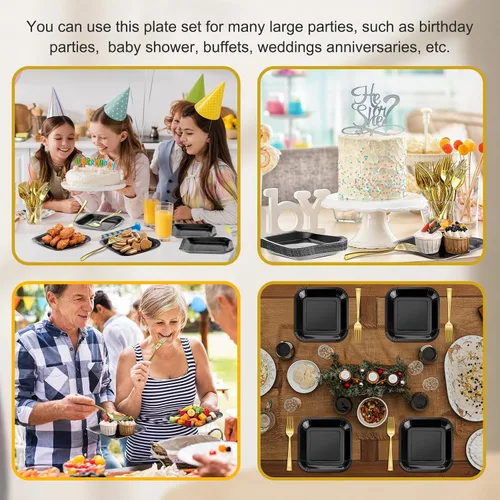 Miniatura 6 de Dandat 100 platos pequeños de papel negro de 7 pulgadas, platos cuadrados desechables para tartas con tenedores de postre de plástico, vajilla