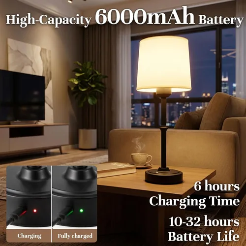 Miniatura 4 de FenFud Lámpara de mesa LED inalámbrica, lámpara de escritorio portátil con pantalla de tela, iluminación recargable con batería de 6000mAh, luz