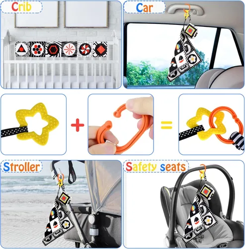 Miniatura 5 de SAMMAS 3 piezas de juguetes para bebés en blanco y negro de alto contraste de 0 a 6 meses para recién nacidos, libro blando sensorial para bebés