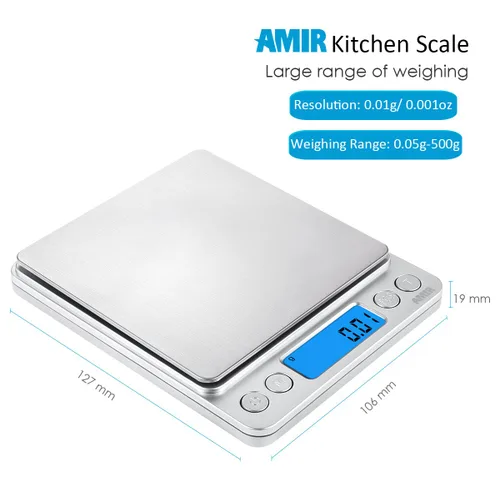 Miniatura 5 de (Actualizada) AMIR Báscula Digital de Cocina, 500g Báscula Mini de Bolsillo para Joyería, Báscula de Alimentos, Báscula de Café, Pantalla LCD