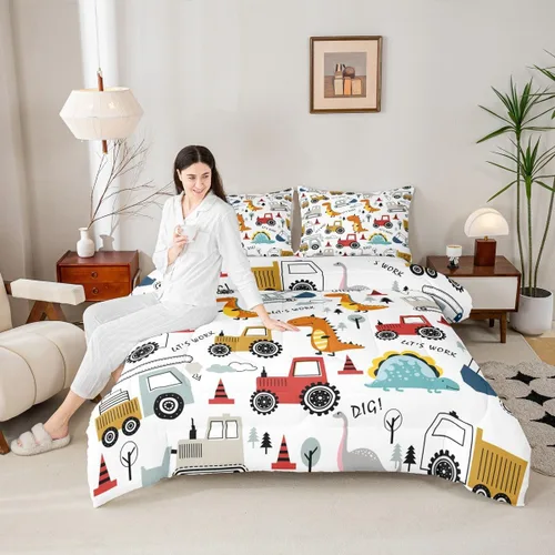 Miniatura 5 de Feelyou Juego de ropa de cama de construcción para niños, tamaño queen, niños, dinosaurios de dibujos animados, juego de funda de edredón para Multi