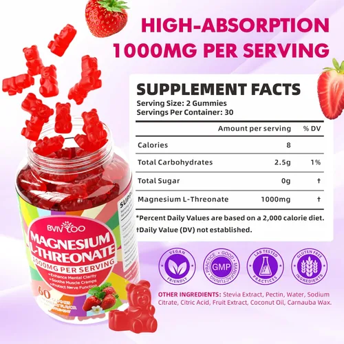 Miniatura 2 de Gomitas de magnesio L-treonato de 1000 mg para niños y adultos, apoyo muscular y sistema nervioso, vegano, sabor fresa sin azúcar, 120 gomitas