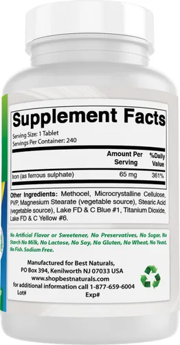 Miniatura 6 de Best Naturals Suplemento de hierro - 65 mg - 240 tabletas - Sin OMG y sin gluten