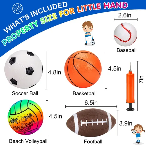 Miniatura 7 de 5 Pack Set de pelotas deportivas para niños con bolsa, juguetes al aire libre para niños de 1 a 3 años, fútbol, baloncesto, béisbol, voleibol