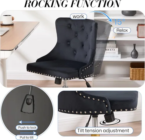 Miniatura 5 de Silla de escritorio de terciopelo sin brazos para oficina en casa, silla giratoria con altura ajustable, pequeña y linda silla de tocador para Negro