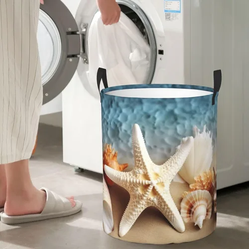 Miniatura 7 de Starfish Coral and Seashell print Circular Hamper Waterproof Storage Bin Organizer Basket Laundry Hamper With Handles For Clothes Toys Small