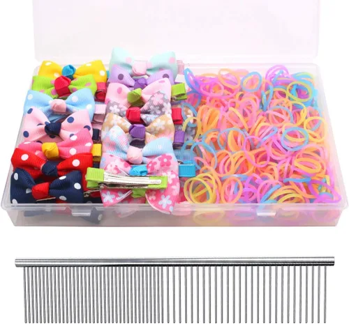 Miniatura 14 de YOY 20 adorables lazos para el pelo de perro con clips y 1000 bandas de goma y 1 peine de acero para peluquería, nudo superior de cachorro, moño