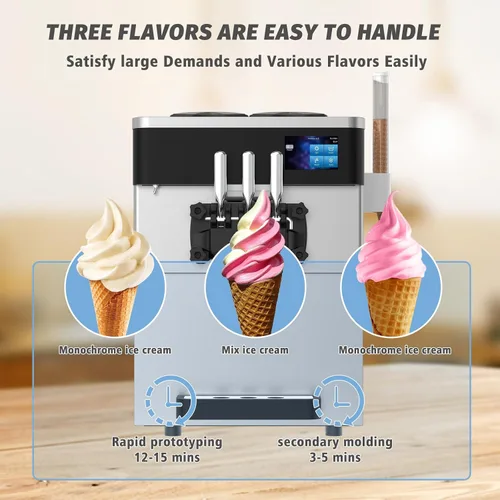 Miniatura 4 de Máquina comercial para hacer helados, 110 V, 2200 W, 3 sabores para encimera, suave, 5,3 a 7,4 galones/H, preenfriamiento, pantalla táctil LCD