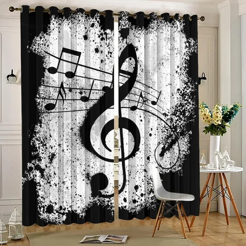 Miniatura 5 de Cortinas opacas de oscurecimiento de habitación con ojales, diseño rústico de símbolos musicales blancos y negros, tratamiento de ventana