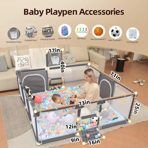 Miniatura 3 de Corralito para bebés y niños pequeños, 73"x71" corralito para bebés con alfombra para interiores y exteriores con corralito transpirable con pelotas