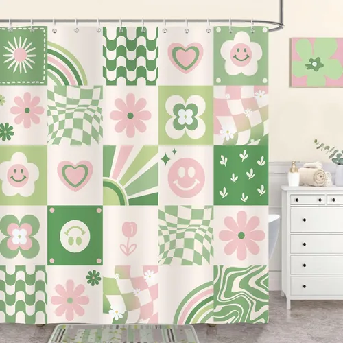 Bonhause Bonita cortina de ducha retro, diseño floral de arcoíris a cuadros, decoración de baño para niños, 72 x 72 pulgadas, tela de poliéster,