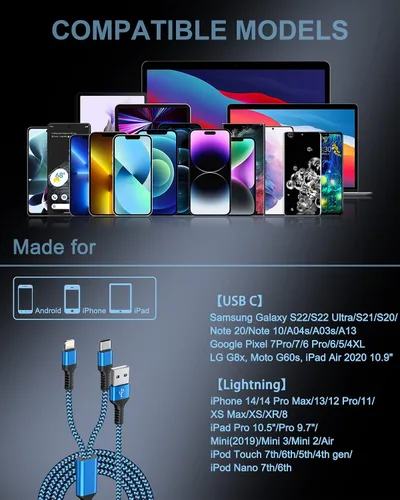 Miniatura 7 de MultIi - Cable de carga USB C y Lightning 2 en 1, cable de carga USB trenzado de nailon de 4 pies con puerto tipo C/Lightning para iPhone 17, 16