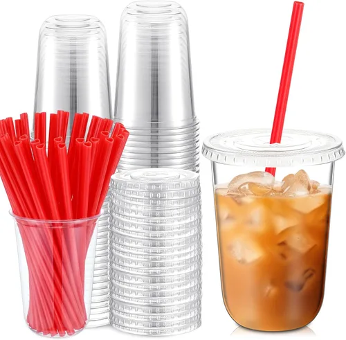 Miniatura 9 de Ziliny 50 Juegos de Vasos de Plástico Transparente con Pajitas y Tapas Rosas en Forma de Corazón, Vasos Desechables para Café Helado Drinking Pet