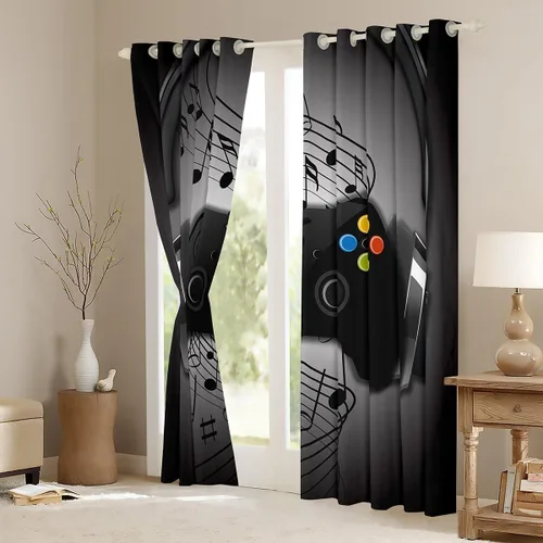 Miniatura 3 de Cortinas de juegos negros y grises, con diseño de notas musicales, cortina de ventana de gamepad para niños, decoración de sala de videojuegos