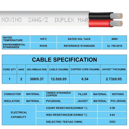 Miniatura 5 de Cable marino de calibre 2, cable dúplex de grado marino, cable eléctrico de cobre estañado de 2 AWG 5 pies para uso al aire libre en barcos