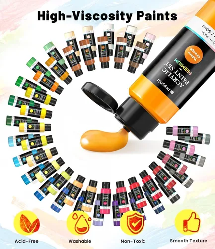 Miniatura 4 de Juego de 64 pinturas acrílicas con 12 pinceles, 2 cuchillos y paleta, 48 colores (2oz/60ml) Pintura artesanal para adultos, niños, artistas