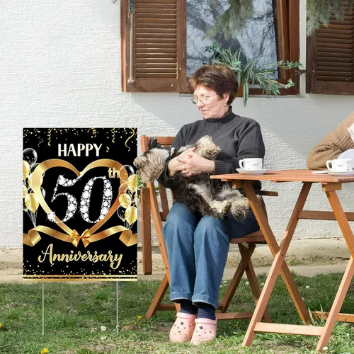 Miniatura 6 de Letrero de 50 aniversario para patio, decoración al aire libre, dorado, 50 aniversario de boda, letrero de césped con estacas para suministros