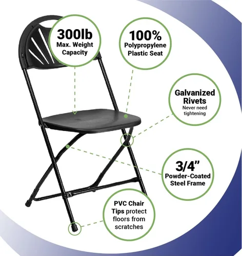 Miniatura 2 de TentandTable Fan Back - Sillas plegables apilables resistentes Negro Capacidad de 300 libras para eventos, banquetes, fiestas y bodas