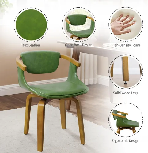 Miniatura 5 de Zouron Silla de escritorio sin ruedas, moderna silla de oficina de madera, silla de cuero sintético con brazo para sala de estar, dormitorio