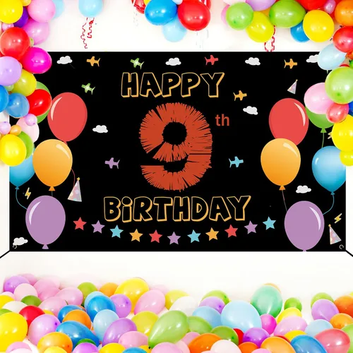 Miniatura 6 de Cartel de fondo de 9º cumpleaños, decoraciones de feliz 9º cumpleaños para niñas y niños, cartel de cumpleaños de 9 años, colorido fondo de fiesta