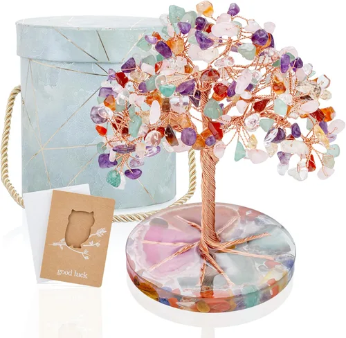 ZenBless Árbol de Piedras de Cristales Curativos de 7 Chakras, Hoja de Piedra de Cristal Colorida Envuelta con Alambre sobre Base de Rodaja de Ágata