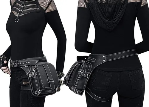 Miniatura 5 de Riñonera gótica, punk, táctica, para exteriores, bicicleta, motocicleta, ciclismo, senderismo, riñonera para cadera/muslo, bolsa de hombro negra