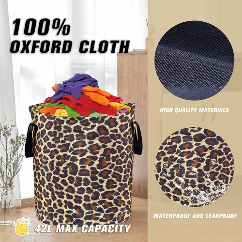 Miniatura 5 de Cesta de lavandería plegable de tela Oxford con diseño de leopardo marrón, bolsa de lona divertida, organizador de almacenamiento de ropa, cubo