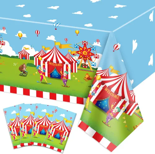 Paquete de 4 manteles con temática de circo, 51 x 87 pulgadas, mantel rectangular desechable de plástico para carnaval, mantel a rayas rojas y