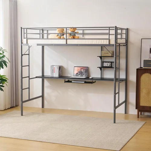Miniatura 13 de Karl home - Litera de tamaño individual sobre individual en negro con 2 cajones de almacenamiento, litera de metal con escalera incorporada
