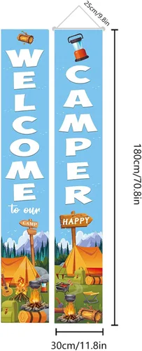 Miniatura 5 de Cartel de bienvenida con texto en inglés «Happy Welcome Camper», 70.8 x 11.8 pulgadas, tela de poliéster, azul, letrero de bienvenida