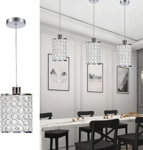 Miniatura 2 de Paquete de 3 lámparas colgantes de cristal, iluminación colgante de isla de cocina cromada, luces colgantes de techo con cable ajustable