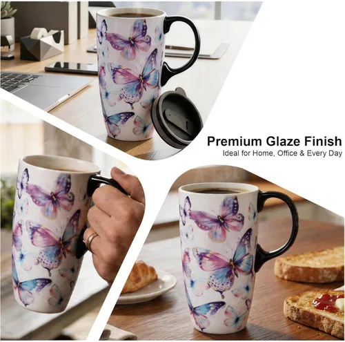 Miniatura 5 de Topadorn Taza de viaje de cerámica de 17 onzas con tapa y asa a prueba de derrames, apta para microondas y lavavajillas, regalo para hombres