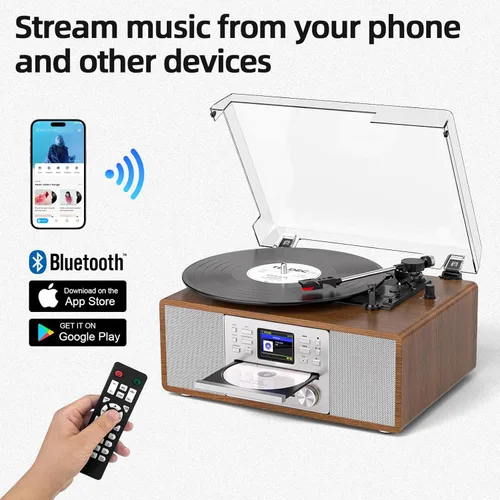 Miniatura 8 de 10 in 1 Record Player Multimedia with Speakers, CD Player, Bluetooth Receiver, Internet Radio, USB Recording, 3-Speed Turntable, Alarm Clock, Sleep