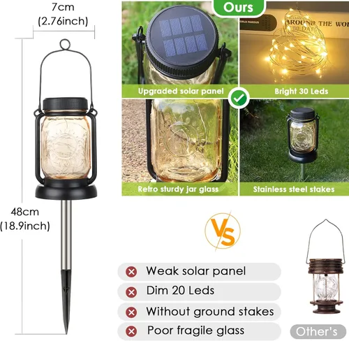 Miniatura 5 de Mlambert Paquete de 4 linternas colgantes solares con estacas, luces de cuerda de hadas solares impermeables para exteriores en frasco Mason, Blanco