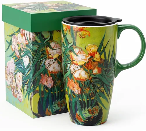 Miniatura 12 de Topadorn Taza de viaje de cerámica Taza de café de porcelana con tapa y caja a prueba de derrames, 17 onzas.
