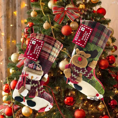 Miniatura 5 de Medias de Navidad a cuadros de 21 pulgadas, ciervos, osos, animales de una pieza, fieltro de felpa grande, diseño de reno 3D, muñeco de nieve