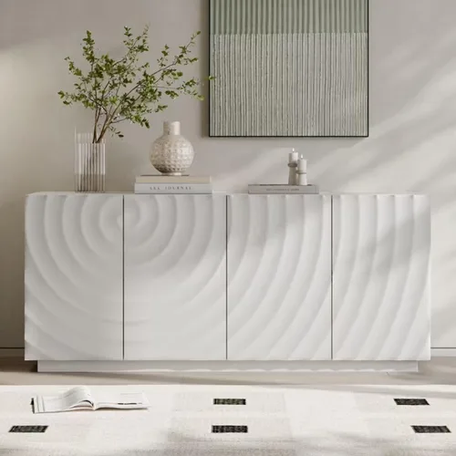 Miniatura 10 de Aparador geométrico contemporáneo de 60 pulgadas con puertas triangulares 3D y base flotante, gabinete de almacenamiento de credenza de nogal claro
