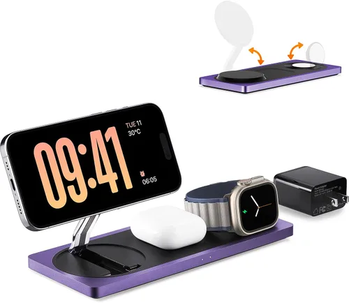 PETINO Soporte Cargador Mag-Safe, Estación de Carga Inalámbrica Magnética 3 en 1 para Dispositivos Apple, Serie iPhone 15/14/13/12, Apple Watch,