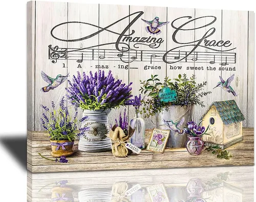 Arte de pared de baño de lavanda morada, diseño de granja, increíble gracia, colibrí, decoración de pared, fe cristiana, citas inspiradoras, lienzo,