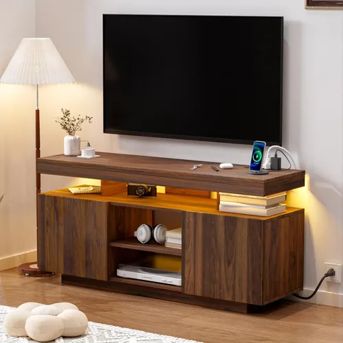 Miniatura 10 de HOMMPA Soporte de TV LED de 70 pulgadas con tomas de corriente, moderno centro de entretenimiento con luces LED para sala de estar, gabinete Negro