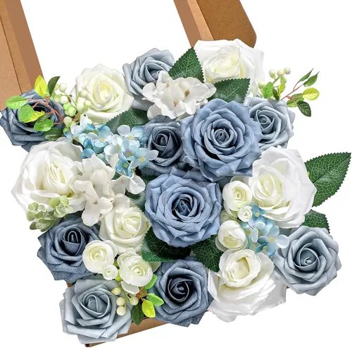 Miniatura 10 de Serwalin Flores de seda, flores artificiales burdeos para decoración de boda, rosas falsas rosas rosas y rojas con tallos y caja de vegetación, A