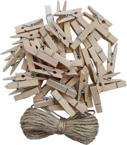 50 piezas de pequeñas pinzas de madera para fotos con cordel de yute, mini pinzas para ropa para manualidades, decoración, secado de ropa, 50 piezas